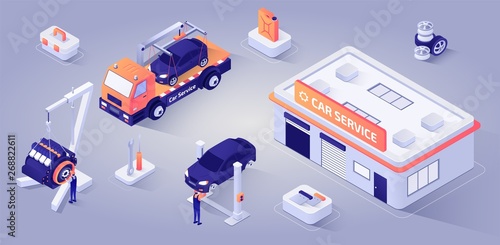 Car Service Building with Mechanics at Work Vector