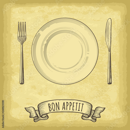 Hand drawn plate, fork and knife. Ribbon banner with Bon Appetit lettering. Engraved style vector illustration. Elements for your design works.