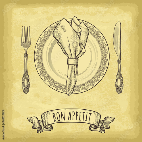 Hand drawn plate, napkin, fork and knife. Ribbon banner with Bon Appetit lettering. Engraved style vector illustration. Elements for your design works.