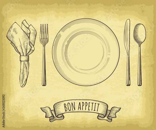 Hand drawn plate, napkin, spoon, fork and knife. Ribbon banner with Bon Appetit lettering. Engraved style vector illustration. Elements for your design works.