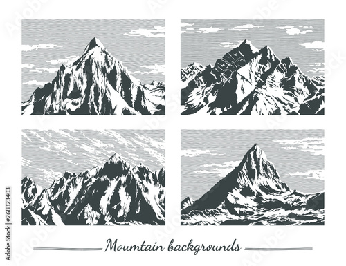 Hand drawn mountain peaks set. Abstract backgrounds. Engraved style vector illustration. Elements for your design works.