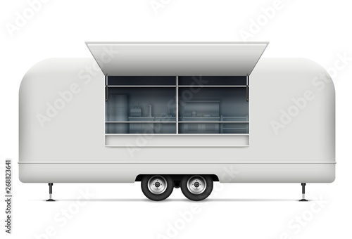 Food truck vector mockup for vehicle branding, advertising, corporate identity. Isolated template of realistic mobile kitchen on white background. All elements in the groups on separate layers