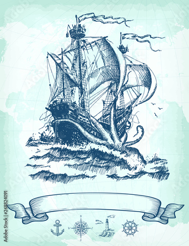 Abstract hand drawn background with vintage sailing ship, compass, lighthouse, ship wheel, anchor and world map on old craft paper texture. Template for your design works. 
