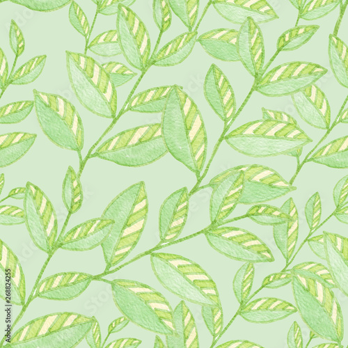 Branch with leaves, hand drawn plant - seamless pattern on light green background © justesfir