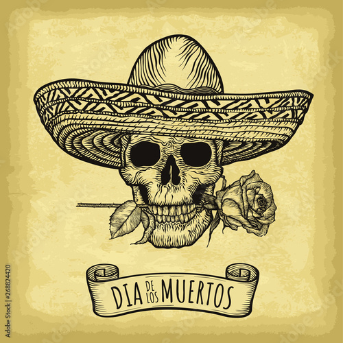 Hand drawn skull and sombrero on old craft paper texture background. Template for your design works. Engraved style vector illustration. Day of the dead lettering (Spanish language).