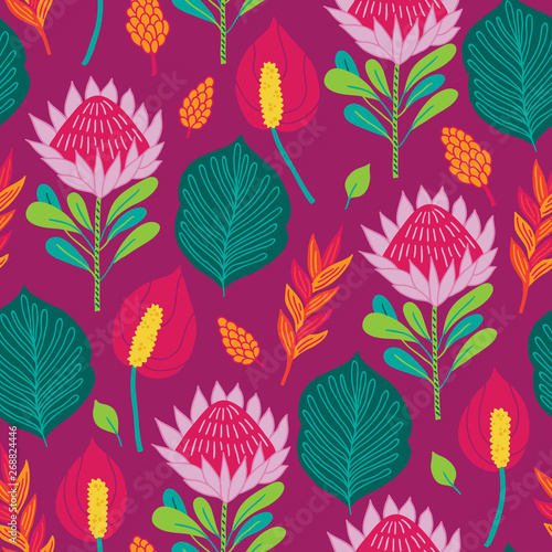 Jungle seamless pattern with calla  protea  leaves on bordo background