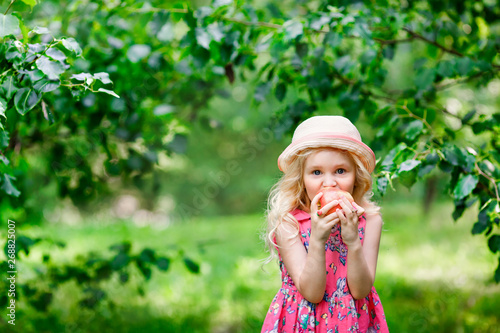 Happy beautiful little girl wearing a pink dress and straw hat eating a big fresh apple in a sunny summer garden.