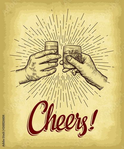 Hands holding drink glasses. Cheers lettering. Old paper texture with  linear vintage style sun rays background. Engraved style hand drawn vector illustration.