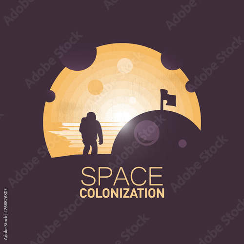 Space colonization.Astronaut near space dome.Negative space illustration