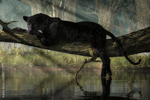 A black panther sits on a log over a small calm jungle pond.  Sunlight streams down through the forest canopy to illuminate the wild cat. 3D Rendering