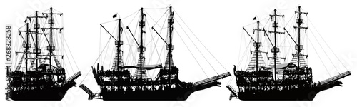 Pirate ship sailboat. Silhouette vector set