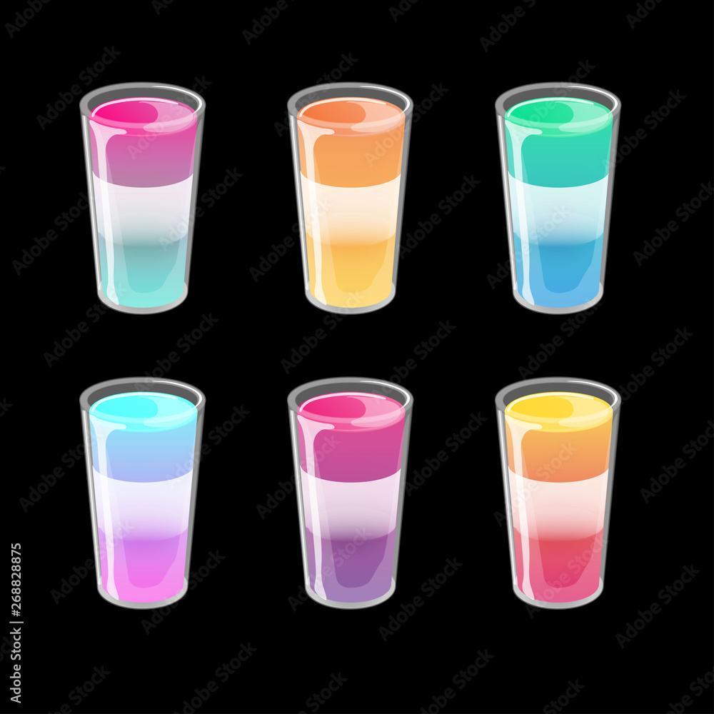 Set of cocktail jelly shots. Bright multicolored gradient jelly in glossy cartoon style. Vector illustration isolated on black background. Set of cocktail jelly shots. Bright multicolored gradient jelly in glossy cartoon style. Vector illustration isolated on black background.