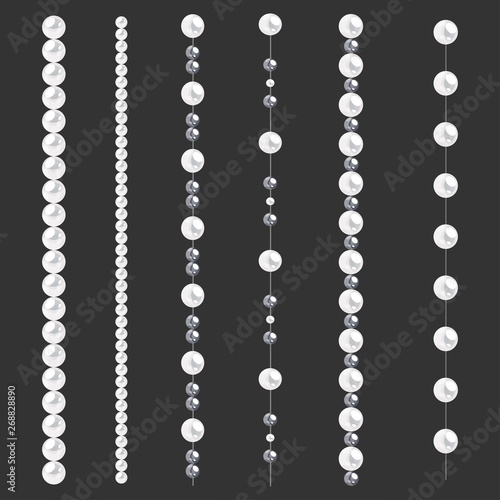Set of pearl borders isolated on gray background. Vector dividers for decoration, wedding invitation or greeting cards, banners.