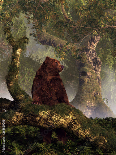 A grizzly bear hears something unusual in his forest and hops up on an old, fallen, mossy log to get a better view of the deep woods around him. Hopefully he won't spot you. 3D Rendering