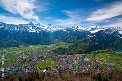 Breathtaking aerial view over Interlaken and Swiss Alps from Harder Kulm View point, Switzerland