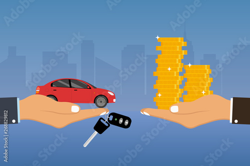 Hand holds car and key on finger and giving, receiving golden coins from other hand. Concept for automobile agent, sale and rent of a auto and buyer or customer. Vector illustration.