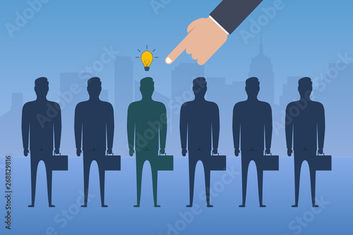 Hand pointing finger picks employee with an idea from group of businessmen. Recruitment concept. Business hiring. Vector.