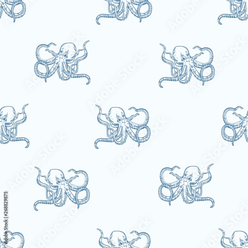 Seamless pattern with octopus hand drawn with contour lines on light background. Backdrop with marine animal or mollusc with tentacles, sea creature, ocean inhabitant. Monochrome vector illustration.