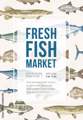 Poster template with fish, frame and place for text. Vertical banner with marine creatures, sea and freshwater species. Colorful realistic vector illustration in vintage style for market promotion.