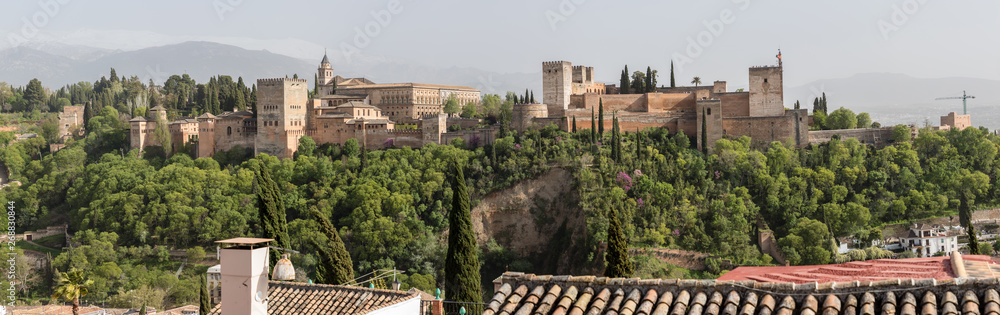 Views of the Alhambra from the other side of the valley, in the Albaicín neighborhood in Granada, Spain