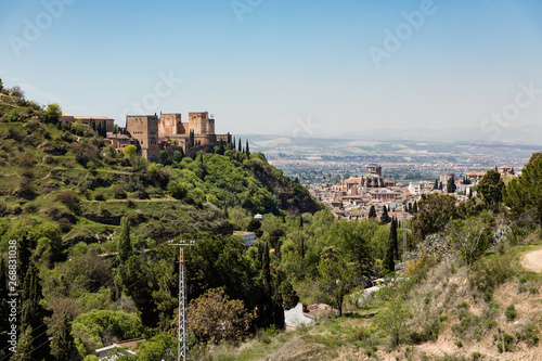 Views of the Alhambra from the other side of the valley, in the Albaicín neighborhood in Granada, Spain