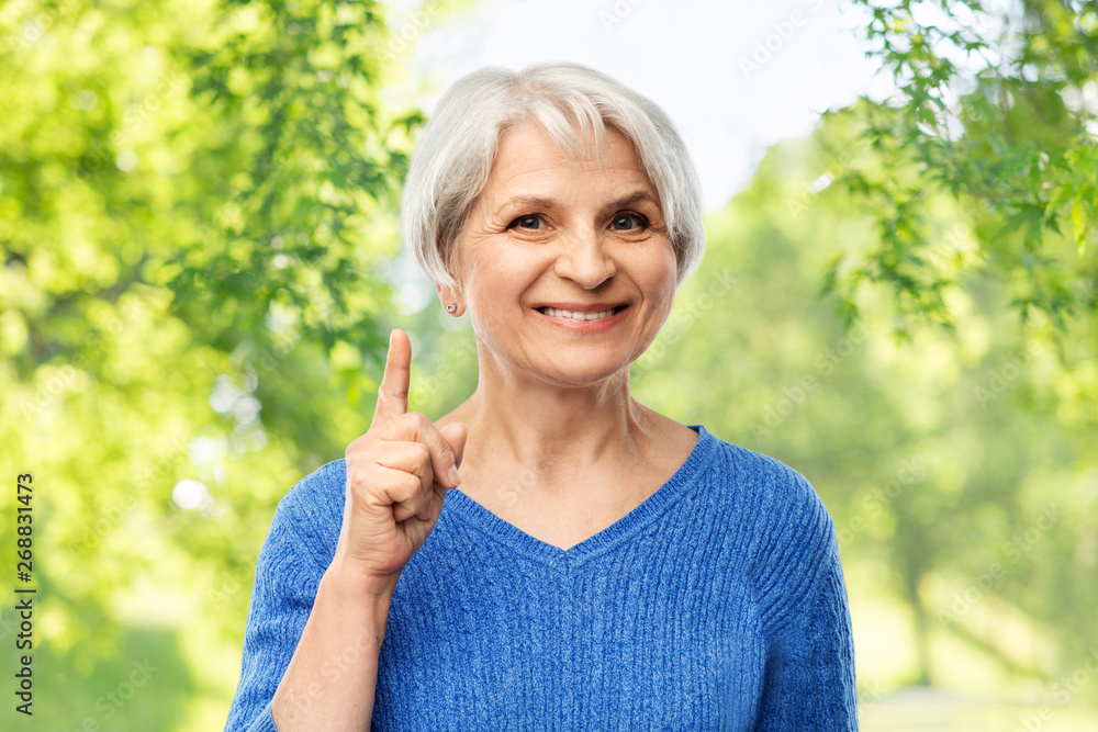idea, attention and old people concept - portrait of smiling senior woman in blue sweater pointing finger up over green natural background idea, attention and old people concept - portrait of smiling senior woman in blue sweater pointing finger up over green natural background