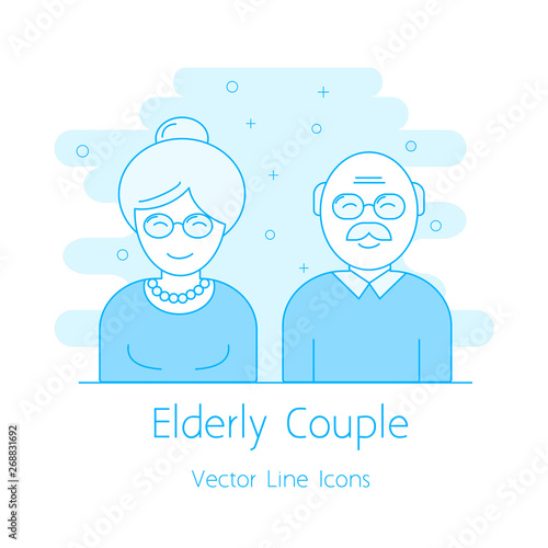 Elderly couple modern vector design illustration. Grandparents happy toghether vector line design.