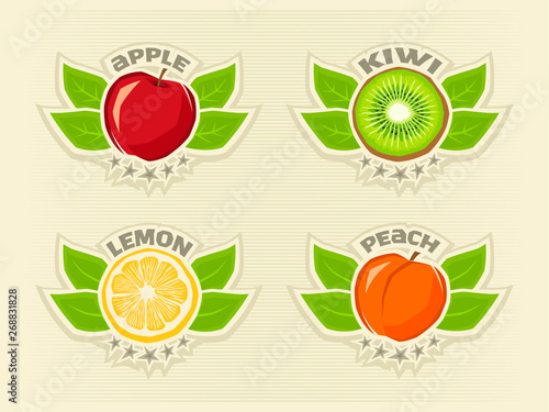 Fruit logo set lemon, kiwi, apple, peach