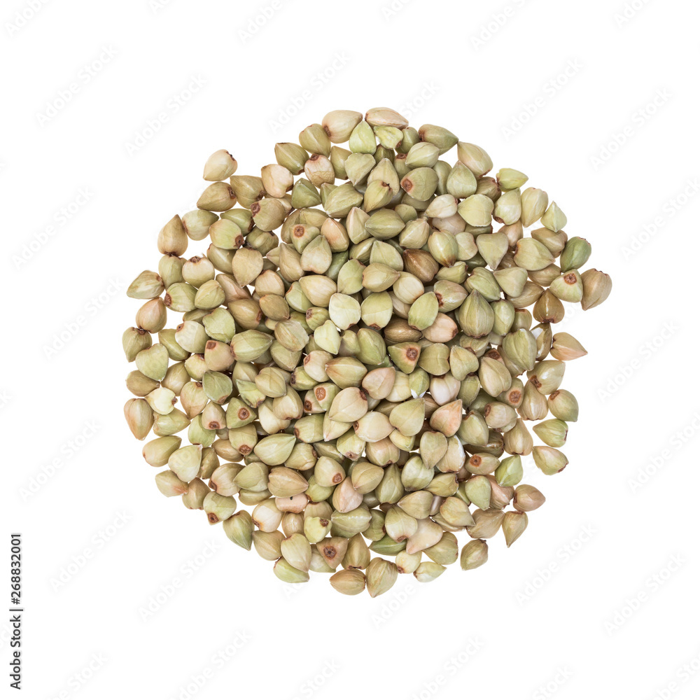 Pile of green buckwheat seen directly from above and isolated on white background Pile of green buckwheat seen directly from above and isolated on white background