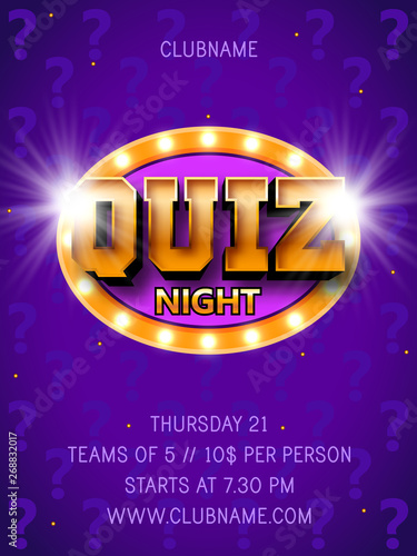 Quiz night announcement poster design web banner background vector illustration. Pub quiz held in a pub or bar, night club. Modern pub team game. Questions game shining retro light banner
