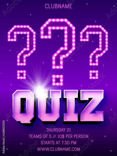 Quiz night announcement poster design web banner background vector illustration. Pub quiz held in a pub or bar, night club. Modern pub team game. Questions game shining retro light banner