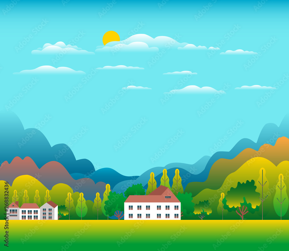 Hills and mountains landscape with house farm in flat style design illustration. reen fields, meadow, tree, blue sky and sun. Rural location in the hill, forest. Cartoon vector background