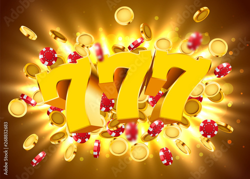 Golden slot machine 777 with flying golden coins and chips wins the jackpot. Big win concept.
