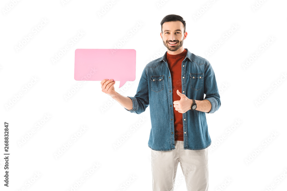happy handsome man holding speech bubble and showing thumb up isolated on white happy handsome man holding speech bubble and showing thumb up isolated on white
