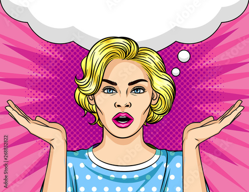 Color vector illustration in pop art style with a speech bubble over halftone dot pink background. Beautiful young woman shrugs. The girl can not choose. Blonde puzzled shrugs.