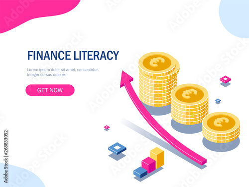 Finance literacy isometric concept. Euro stack of coins. Gold money. Growth arrow. Financial success. Vector 3d illustration.
