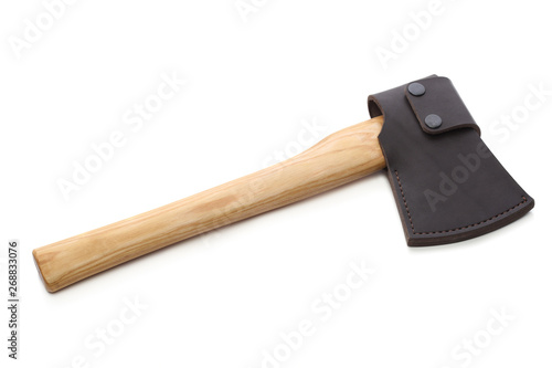 Travel axe with leather sheath isolated on white