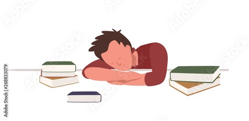Boy sitting at desk and sleeping or taking nap among books while preparing for school or university examination or test. Student or schoolboy studying hard overnight. Flat cartoon vector illustration.
