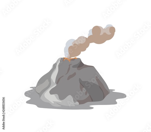 Volcano erupting and emitting vapor, dust cloud and magma isolated on white background
