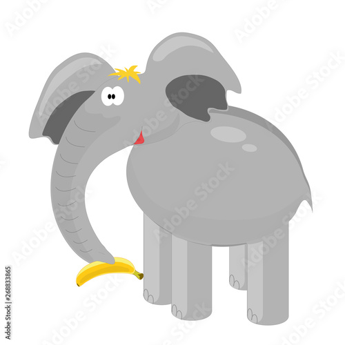 Funny elephant holds a banana on a white background. Illustration. 