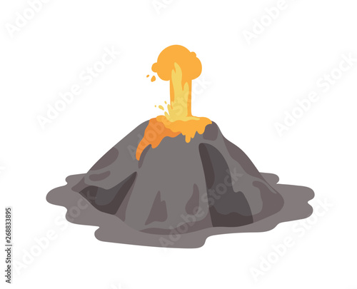 Erupting volcano with lava fountain ejecting from a crater isolated on white background