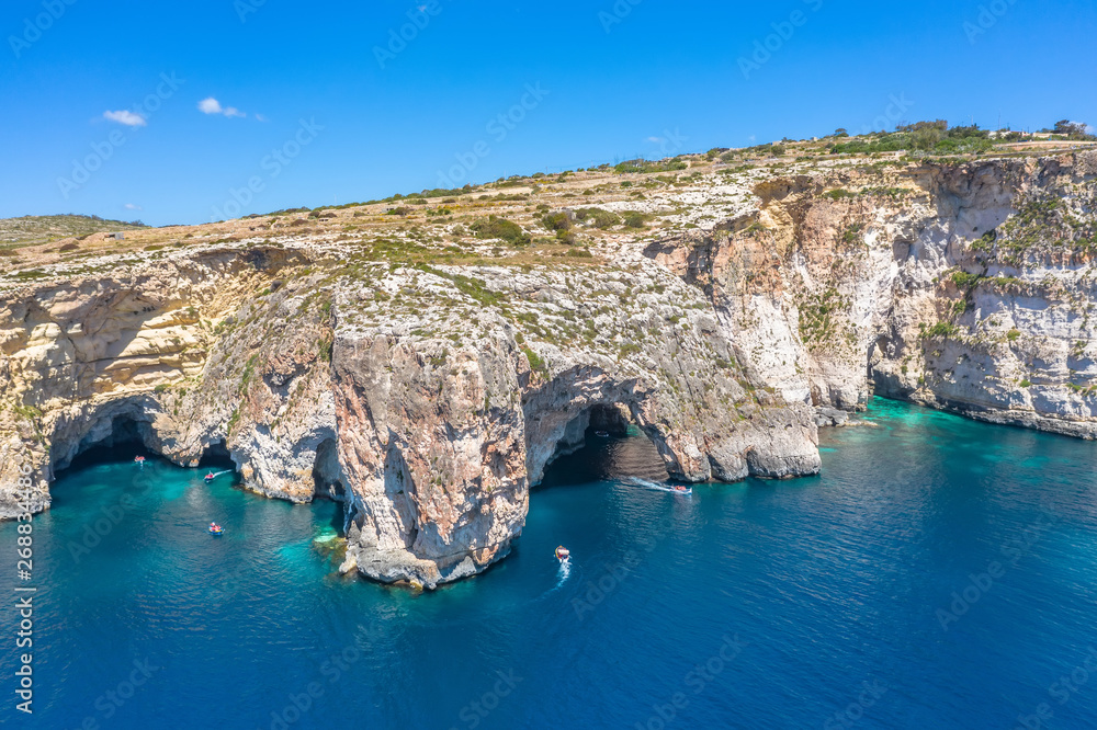 Blue Grotto in Malta, aerial view from the Mediterranean Sea to the island.