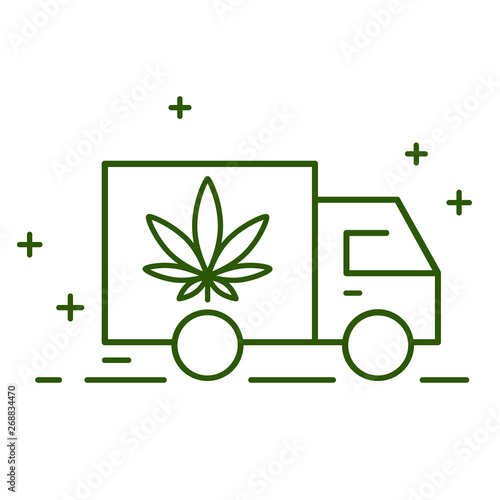 Delivery cannabis. Illustration of a delivery truck icon with a marijuana leaf. Marijuana Legalization. Isolated vector illustration on white background.