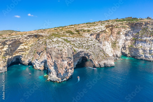 Blue Grotto in Malta, aerial view from the Mediterranean Sea to the island.