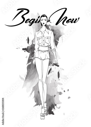 Beautiful young woman in a blouse and shorts. Hand drawn fashion girl. Fashion model posing. Sketch. Vector illustration.