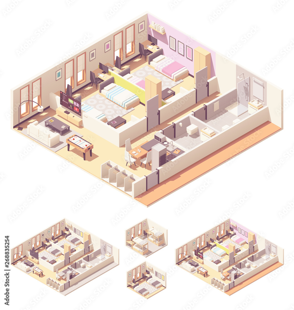 Vector isometric dormitory or dorm room Vector isometric dormitory or dorm room