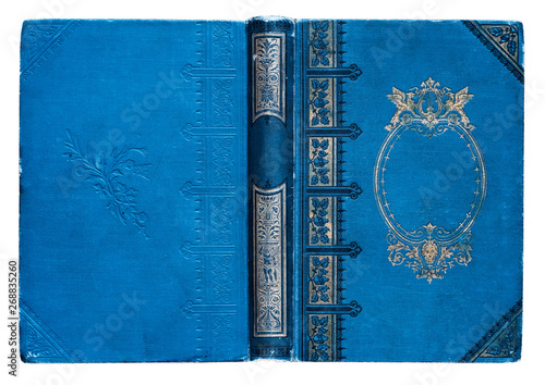 Old open book cover with embossed golden abstract pattern and floral decorations isolate on white background. Abstract vintage decorations 19th century.