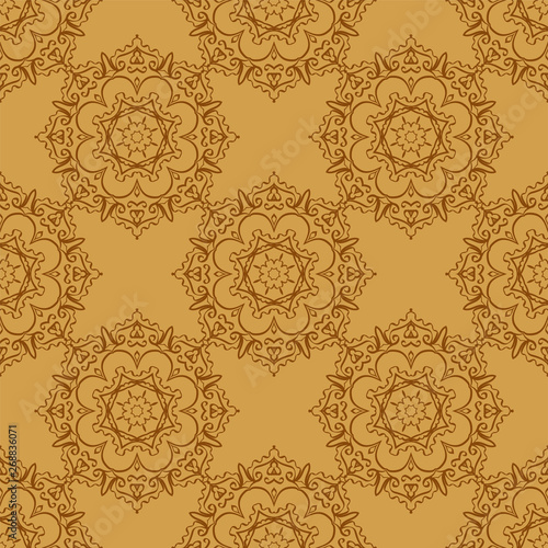 Mandala seamless pattern with floral and geometrical ornament. Arabic, Islamic, indian, japanese motifs in a retro style.