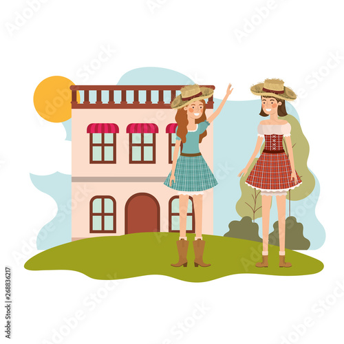 farmers women talking with background houses