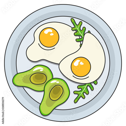 Vector image of a plate of food. Healthy breakfast, tight snack. Fried eggs on a plate with avocado and arugula. Image for restaurant or poster menu design. Natural, organic food. Flat illustration.